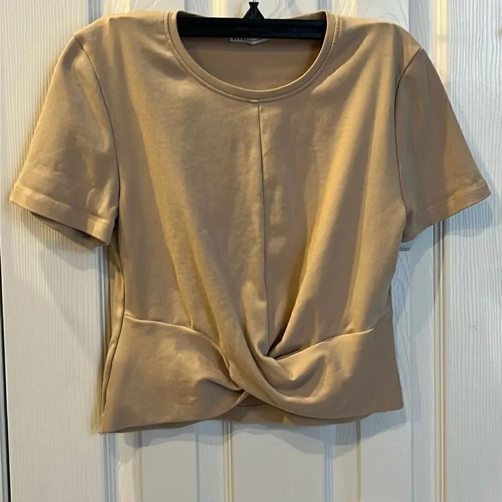 ZARA Tan Short Sleeve Cropped Cotton Blend Top with Front Knot Accent- Large